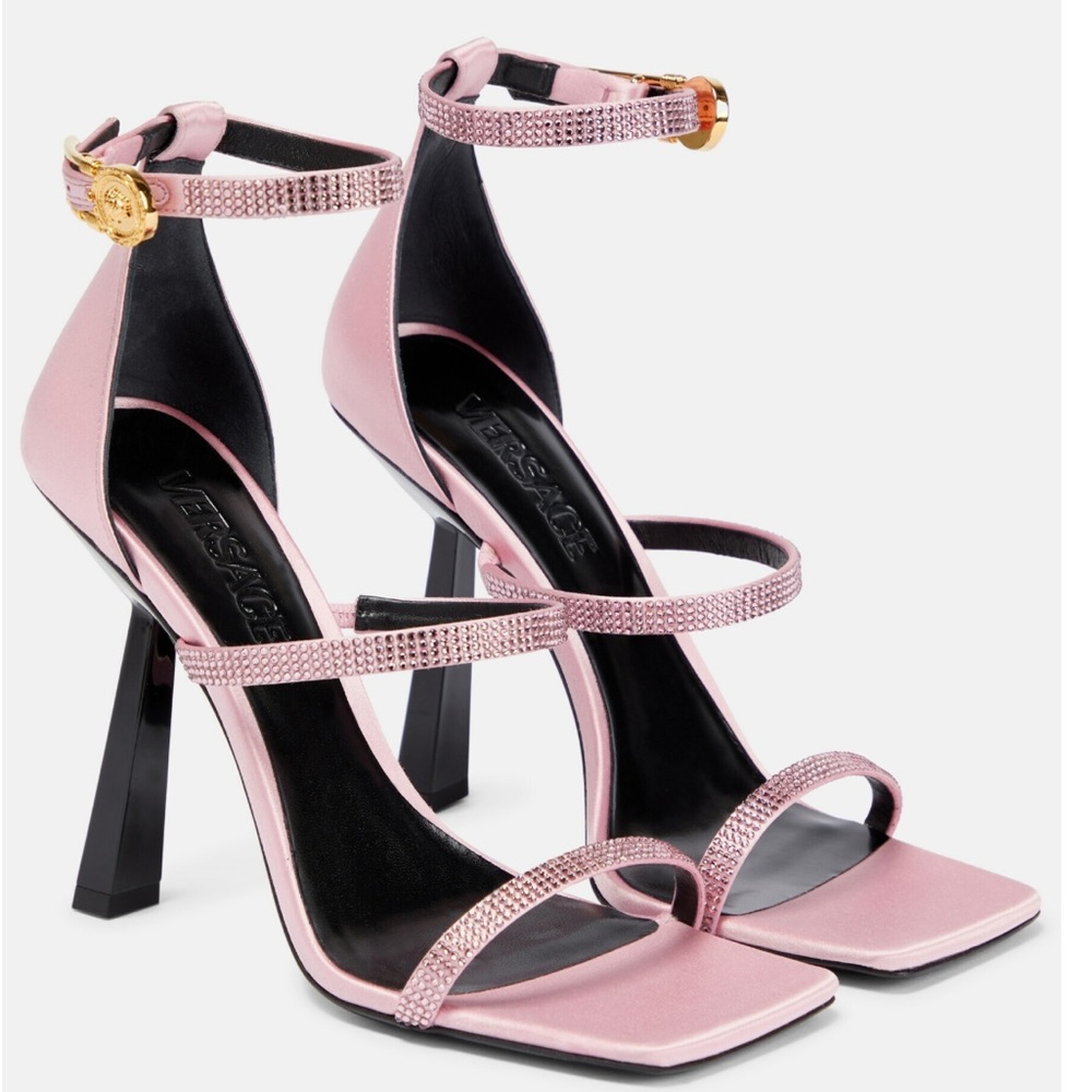 Fendi x Versace Pink Satin Crystal Embellished Ankle Strap Sandals